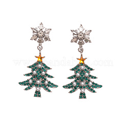 クリスマスツリーと雪の結晶の合金ラインストーンのダングルスタッドピアス  模造真珠と樹脂を使用  ゴールドカラー  ライトシーグリーン  38x18mm&nbsp;FS-WGD6521-02