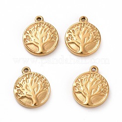 304ステンレススチールチャーム  命の木とフラットラウンド  ゴールドカラー  15.5x13x3mm  穴：1mm&nbsp;LS-STAS-G071-15G