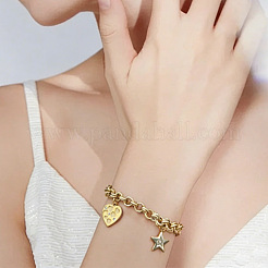 304 Stainless Steel Heart Star Charm Double Ring Link Chain Bracelets for Women with OT Clasps&nbsp;WG665C4-01