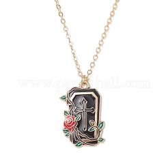 Halloween Alloy Black and Red Enamel Rose Cross Coffin Shaped Pendant Brass Cable Chain Necklaces&nbsp;NJEW-JN05367