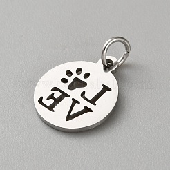 犬の足跡型のステンレスペンダント  丸カン付き  ワード「love」を刻まれたフラットラウンド  ステンレス鋼色  14x12x1mm  穴：3mm&nbsp;FIND-WH0817-067B-P