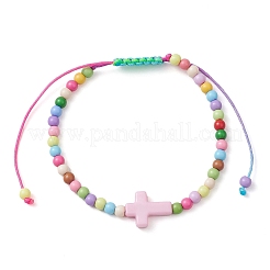 Cross & Round Acrylic Braided Bead Bracelets&nbsp;BJEW-JB10239-02