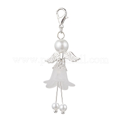 フロストアクリルとガラスのパールビーズペンダント装飾  カニカン付き  天使  ホワイト  58~60mm&nbsp;HJEW-JM03488-01