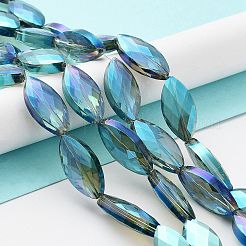 電気メッキクリスタルガラス馬の目ビーズ連売り  多面カット  虹色メッキ  シーグリーン  25x12x8mm  穴：1mm  約30個/連  29.5インチ&nbsp;EGLA-F071B-06