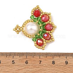 クリスマスラウンドシェルパール＆ガラスシードビーズペンダント  クリスマスリーフのチャーム  多面カット  レッド  33x34x10mm  穴：1mm&nbsp;PALLOY-MZ01448