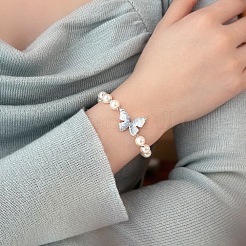 バタフライ合金、カイヤナイト、プラスチックパールペンダントネックレス、スタッドピアス、リンクブレスレット、リングセット  銀  400mm&nbsp;FS-WG8099C-01