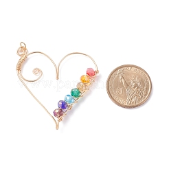 ワイヤーラップガラスペンダント  真鍮パーツ  ハートチャーム  ライトゴールド  カラフル  55x16x6mm  穴：3.5mm&nbsp;PALLOY-JF01321-02