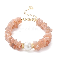 女性用天然サンストーンチップビーズブレスレット  シェルパール付き  7-3/4インチ（19.7cm）&nbsp;BJEW-JB12306-03