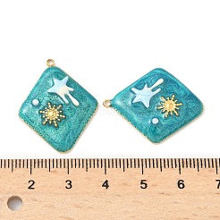 304ステンレスペンダント  スターと菱形  エナメルおよびABSプラスチック模造パール付き  18KGP本金メッキ  ダークターコイズ  27.5x22x4.5mm  穴：1.5mm&nbsp;STAS-C134-10A-G