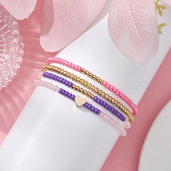 4Pcs 4 Style Brass Heart & Glass Seed Beaded Stretch Bracelets Set&nbsp;BJEW-JB09537