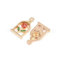 鳥かごの中のバラの合金エナメルペンダント  花のチャーム  レッド  ライトゴールド  17.5x10x2mm  穴：1.4mm&nbsp;PALLOY-A024-01KCG