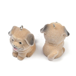 フロッキー樹脂ペンダント  犬  プラチナ鉄ループ付き  淡い茶色  32x26x28mm  穴：2mm&nbsp;FIND-A052-07F
