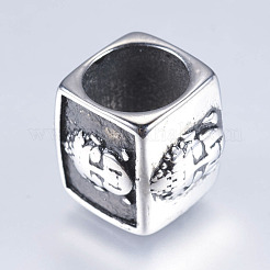 304ステンレススチールビーズ  大穴ビーズ  立方体と仏陀  アンティークシルバー  11x12x13mm  穴：8.5mm&nbsp;STAS-I072-062AS