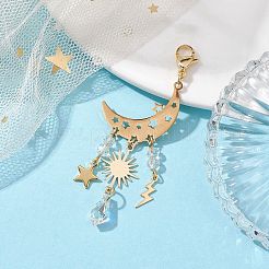 合金とガラスのペンダント装飾  月と星と太陽と稲妻  ライトゴールド  70mm&nbsp;HJEW-JM01860