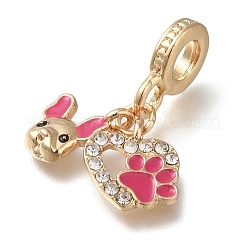 ラックメッキ合金ホットピンクエナメルヨーロピアンダングルチャーム  クリスタルラインストーン付き犬と足跡の大きな穴ペンダント  ゴールドカラー  28mm  穴：5mm&nbsp;PALLOY-A009-19G