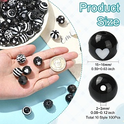 100個の不透明なアクリルビーズ  ラウンド  ブラック  15~16mm  穴：2~3mm&nbsp;OACR-CJ0002-50