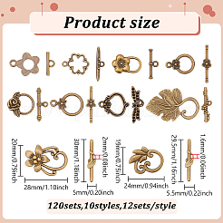 120袋10スタイルチベットスタイルの合金トグル留め具  混合図形  アンティークブロンズ  36x22x4.5mm  穴：1.5mm&nbsp;FIND-ME0003-19