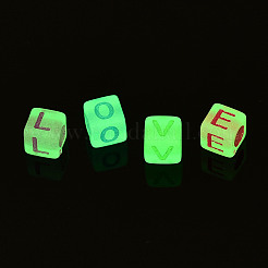 明るい透明なアクリルビーズ  暗闇で光る  文字付きのキューブ  ミックスカラー  6x6x6mm  穴：3.5mm  約2900~3000個/500g&nbsp;LACR-N001-59