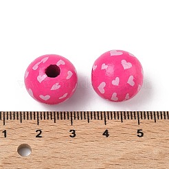 バレンタインデーのスプレー塗装とプリントが施されたヨーロッパ風木製ビーズ  ハート柄の丸  大穴ビーズ  濃いピンク  15~16mm  穴：4mm&nbsp;WOOD-L023-03E