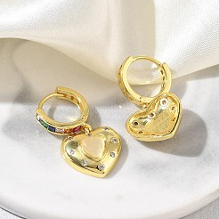 Brass Micro Pave Cubic Zirconia and Cat Eye Beads Heart Hoop Dangle Earrings&nbsp;KK-CBAD9DF-01G-A