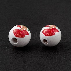 印刷された天然木のヨーロッパのビーズ  大穴ビーズ  マッシュルーム模様のラウンド  レッド  15.5mm  穴：4mm&nbsp;WOOD-C015-05
