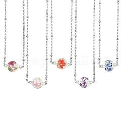 手作りの花柄プリント磁器製ラウンドペンダント、304ステンレススチール製サテライトチェーンネックレス（女性用）  ミックスカラー  ステンレス鋼色  16.65インチ（42.3cm）&nbsp;NJEW-JN06474