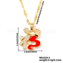 Brass Pave Clear Cubic Zirconia Red Dragon Zodiac Chinese Character Fu Pendant Necklaces with Enamel&nbsp;BL6049-2