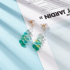 イミテーションパール付きガラスビーズリーフロングダングルスタッドピアス  女性のための金メッキ真鍮ジュエリー  ゴールドカラー  58mm  ピン：1mm&nbsp;EJEW-TA00140
