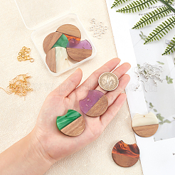 クルミ材の木製ダングルイヤリングのDIYキット  8個入り4色ギャップフラットラウンドレジン＆ウォールナットウッドペンダント  真鍮のピアスフックと丸カン  ミックスカラー  34x36.5x3mm  穴：2mm  2個/カラー&nbsp;DIY-OC0006-68