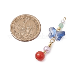 天然カーネリアンとガラスのペンダント  蝶  金色の真鍮トーンループ付き  藤紫色  47x14.5x8mm  穴：1.6mm&nbsp;PALLOY-JF03192-01