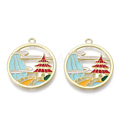 中国風の合金ペンダント  エナメル  フラットラウンド  カドミウムフリー＆鉛フリー  カラフル  ライトゴールド  30x27x1.5mm  穴：1.8mm&nbsp;RESI-R431-06-RS