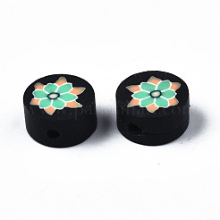 手作り樹脂粘土ビーズ連売り  花付きフラットラウンド  アクアマリン  10x5mm  穴：1.6mm  約40~41個/連  14.76インチ〜15.16インチ（37.5cm〜38.5)&nbsp;CLAY-T020-08A