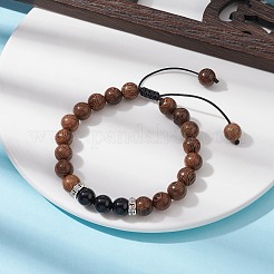 天然ウェンジウッドと黒曜石のラウンド編みビーズブレスレット  ナイロン糸を使用した調節可能なブレスレット  銀  内径：2-1/2~4インチ（6.4~10cm）&nbsp;BJEW-JB09757-02