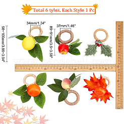 6種類のスタイルの木製ナプキンリング6個  ジュートコードで包まれた  泡人工フルーツ付き  野菜と布の葉  混合図形  ミックスカラー  85~125mm  1個/スタイル&nbsp;DJEW-CA0001-25