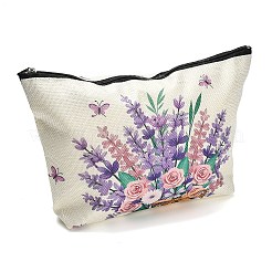 ラベンダー柄のリネン製収納ジッパー付きクラッチバッグ  化粧バッグ  長方形  ライラック  花  161x256x3mm  展開：161x256x78mm&nbsp;ABAG-Z002-02A