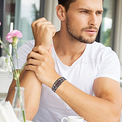 2Pcs 2 Colors Alloy & Leather Cord Bracelets for Men Women&nbsp;BJEW-CL0001-57