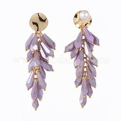 電気めっきガラスクラスタービーズスタッドピアス  真鍮製スタッドピアス  アクリルパール＆プラスチックイヤーナット  ピアスバックキャッチ  ゴールドカラー  ライラック  78mm  ピン：0.7mm&nbsp;EJEW-JE03819-01