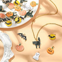 30 個 6 スタイルハロウィンラックメッキ合金エナメルペンダント  カドミウムフリー＆ニッケルフリー＆鉛フリー  エメラルドラインストーンとキラキラパウダーで  猫とおばけとカボチャ  ミックスカラー  13~27x14~25x1.5~2.5mm  穴：1.8mm  5個/スタイル&nbsp;PALLOY-CJ0002-32