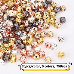 150個5色電気メッキ天然溶岩ロックビーズ連売り  六角  バンピー  ミックスカラー  8x7.8x6.5mm  穴：1.2mm  30個/カラー&nbsp;G-OC0001-95