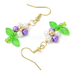 ガラスパール＆アクリルダングルイヤリング  304ステンレススチールピアスフック付き  花  ゴールドカラー  ミックスカラー  43x17.5mm&nbsp;EJEW-JE06325-02