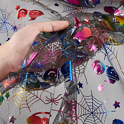 ハロウィーンのクモの幽霊の模様ポリエステルメッシュ生地  服装アクセサリー  カラフル  200x168x0.01cm&nbsp;DIY-WH0496-76