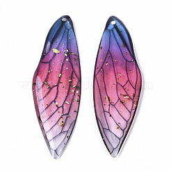 透明なエポキシ樹脂の大きなペンダント  金箔  昆虫の羽  ブルー  51x16.5x1~2.5mm  穴：1.2mm&nbsp;X-RESI-T046-01E