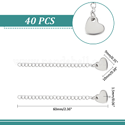 304ステンレススチールカーブチェーンエクステンダー40個  ハートチェーンタブ付きエンドチェーン  ステンレス鋼色  60mm&nbsp;FIND-UN0002-79