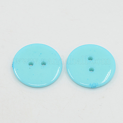 アクリル縫い付け用ボタン  衣装デザインのためのプラスチックボタン  2穴  染め  フラットラウンド  シアン  15x2mm  穴：1mm&nbsp;BUTT-E084-C-12