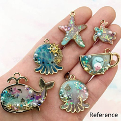 海洋生物のテーマ  亜鉛合金レジン空枠ペンダントトップ  UVレジンDIY用  エポキシ樹脂  プレスジュエリー  ゴールドカラー  37x26x2mm  穴：2mm  10個/セット&nbsp;PALLOY-X0037-14G