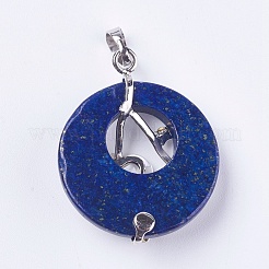 天然染めのラピスラズリペンダント  シェルと  ラインストーンとプラチナトーン真鍮のパーツ  花付きフラットラウンド  35.5~36x28x8mm  穴：5x8mm&nbsp;G-F546-A20