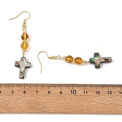 天然琥珀とアワビ貝／パウア貝のビーズを使ったドロップピアス  女性用304ステンレススチールピアスフック付き  18KGP本金メッキ  クロス  63x13mm&nbsp;EJEW-JE07315-03