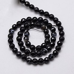 天然黒縞瑪瑙/バンデットアゲートビーズ連売り  多面カット  染め＆加熱  ラウンド  ブラック  6mm  穴：1mm  約62個/連  15インチ&nbsp;X-G-G581-6mm-03