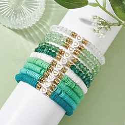 10Pcs Polymer Clay Disc & Glass & Brass Beaded Stretch Bracelets Set&nbsp;BJEW-JB09676-04