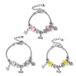 3個 3色 真鍮 ヨーロピアンビーズ チャーム ブレスレット セット  女性用プラチナスネークチェーンブレスレット  星とハートと愛の言葉  樹脂と  混合図形  7-7/8インチ（20cm）&nbsp;BJEW-JB11586